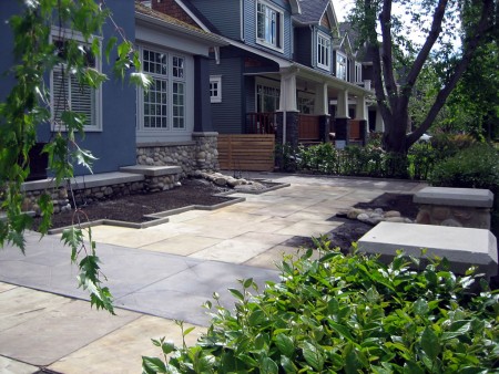 Natural stone slab patio and beds
